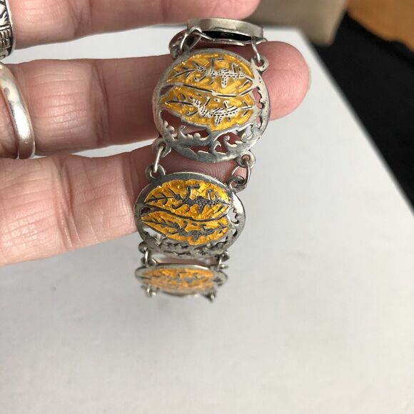 Vintage Siam Sterling Silver & Enamel Links Bracelet, Signed 6.5” 18 Grams - Picture 4 of 11